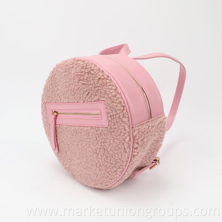 Cute Pink Cylinder Wool Winter Lambs PU Sherpa Soft Backpack Lady Girl Rabbit Tote Bag